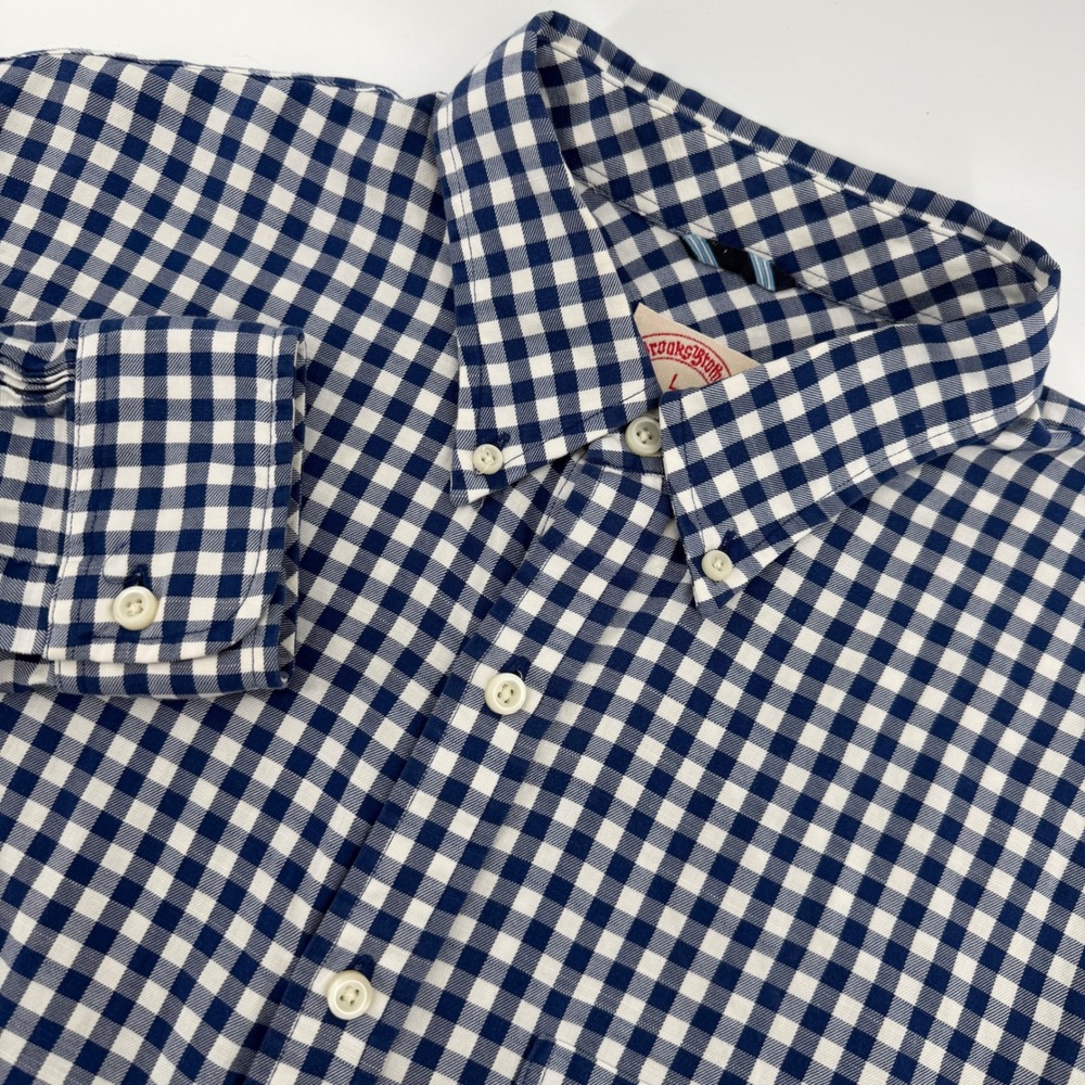 Brooks Brothers Button Down Shirt Mens L Blue White Gingham Check Long Sleeve